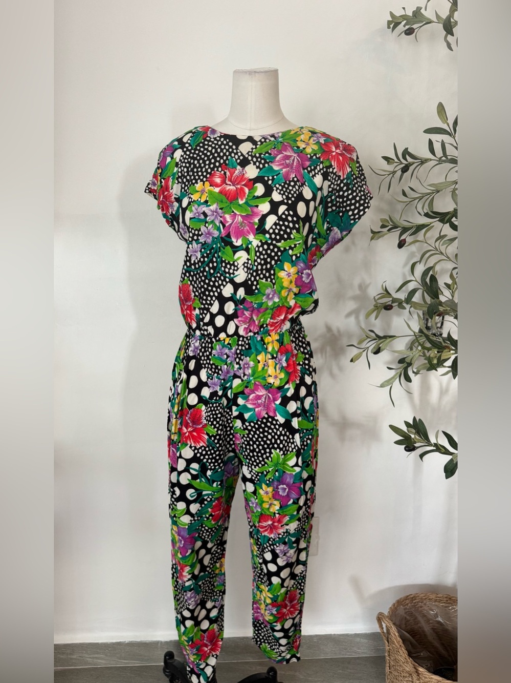 L.A. Gal Vintage Floral Polka Dot Jumpsuit Size 9/10 Padded Shoulders Retro 80s